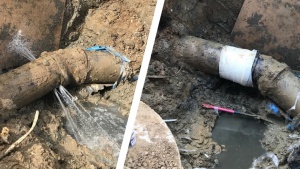 An emergency pipe repair carried out on a leaking 450mm wastewater pipe at a Water Treatment Works in the United Kingdom