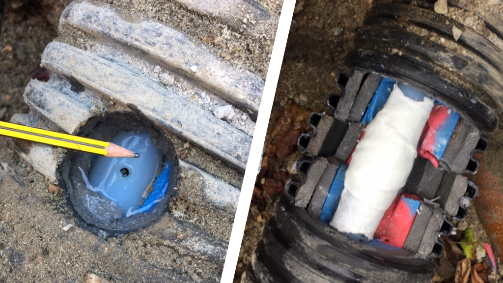 An underground heating pipe on a farm in the United Kingdom repaired using a SylWrap Universal Pipe Repair Kit
