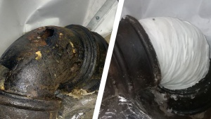 The repair of a leaking cast iron wastewater pipe at an iconic central London hotel