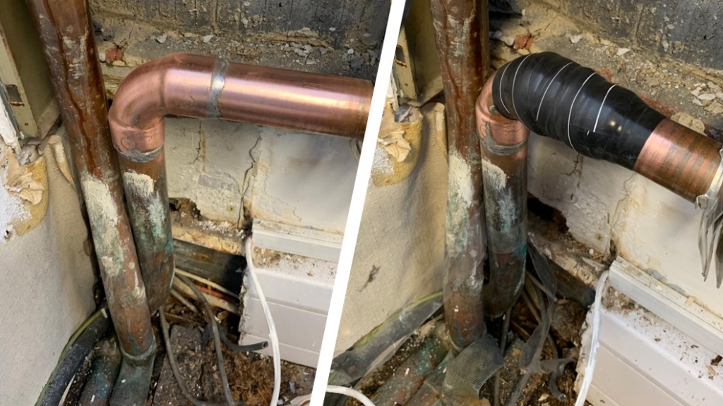 A domestic copper pipe leaking from a badly soldered joint undergoes repair with Wrap & Seal Pipe Burst Tape