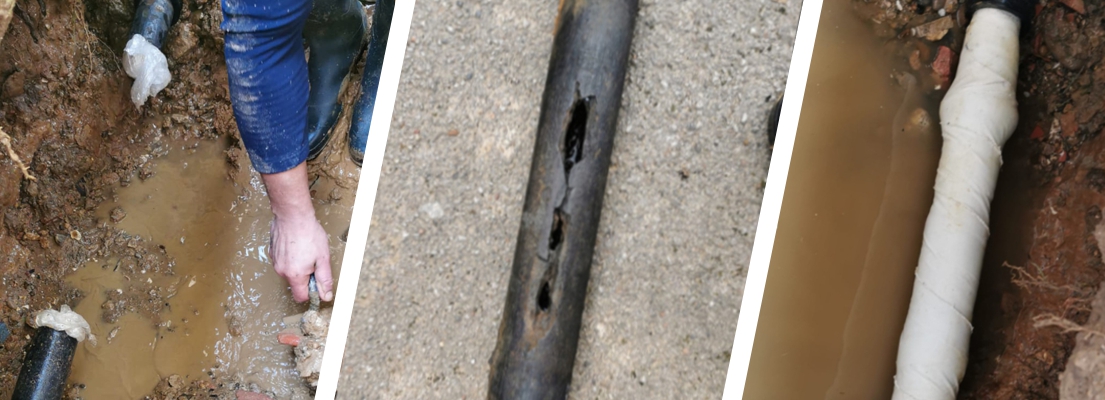A 70mm cast iron water supply pipe ruptured by corrosion undergoes a repair and reconnection from a block of flats to the public water network