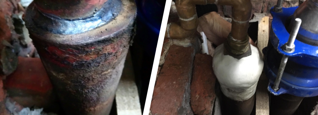 A leaking welded joint between a steel pipe and iron pipe undergoes repair and encapsulation at a church in the UK