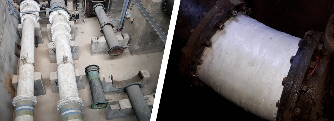 Below specification elbow joints in a UK water company's valve chamber undergo reinforcement and strengthening using Liquid Metal Epoxy Coating and SylWrap HD Pipe Repair Bandage