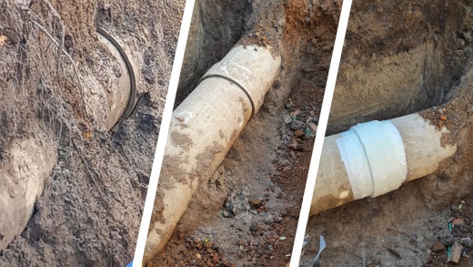 A 600mm asbestos cement pipe leaking from both ends of a sleeve undergoes repair using a SylWrap Pipe Repair Kit