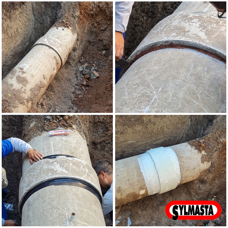 An underground asbestos cement pipe leaking from a sleeve is repaired using a SylWrap Pipe Repair Contractor Case