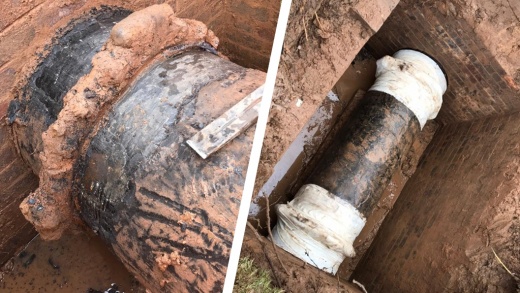 Leaking coupling joints on a 650mm ductile iron pipe located in an inspection pit are sealed using SylWrap Pipe Repair products