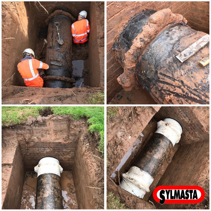 A 650mm ductile iron pipe undergoes repair to fix leaking coupling joints in a pipe pit in the UK