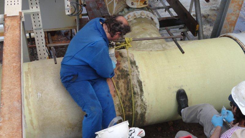 A 1500mm pipe in a seawater cooling system prior to undergoing repair and reinforcement using SylWrap HD Pipe Repair Bandage