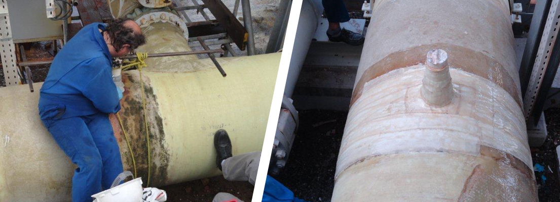 A 1500mm pipe supply line in a seawater cooling system at a Saudi Arabia petrochemical plant undergoes repair and reinforcement using Sylmasta AB Epoxy Putty and SylWrap HD Pipe Repair Bandage