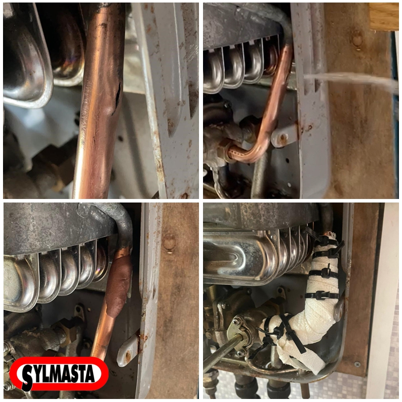 A cracked copper pipe in a camper van boiler system undergoes repair using a SylWrap Pipe Repair Kit 