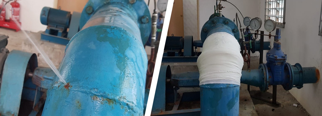 A pinhole leak in a 150mm steel elbow joint repaired using a SylWrap Universal Pipe Repair Kit