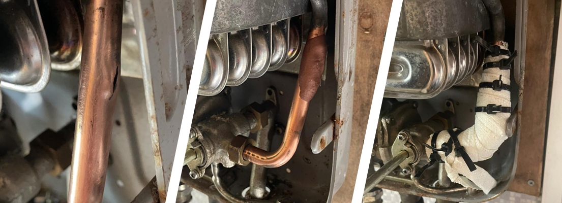 A difficult to access copper pipe in a camper van boiler system undergoes a leak repair after developing a deep crack