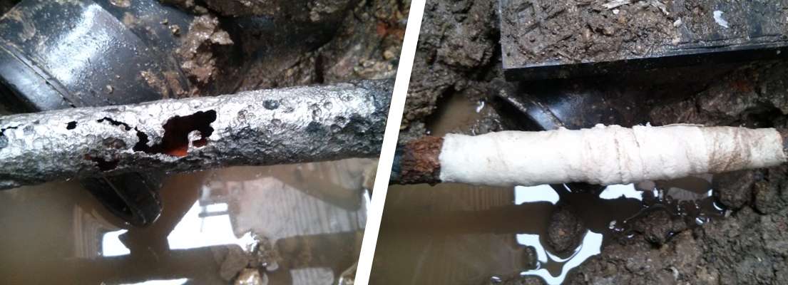A 90-year-old malleable iron water supply pipe cracked by heavy corrosion repaired using a SylWrap Pipe Repair Kit