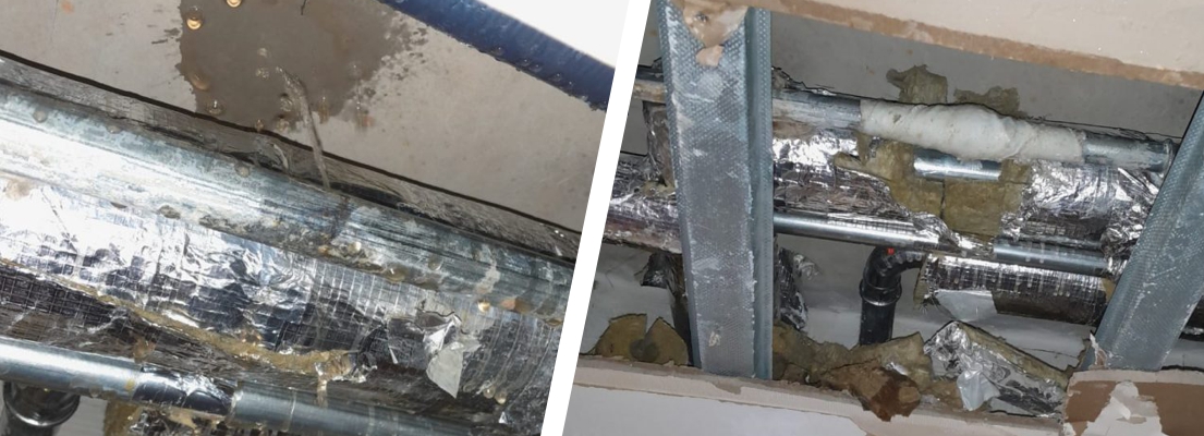 A leaking 50mm steel pipe in a ceiling cavity party of a district heating system undergoes repair using a SylWrap Pipe Repair Kit
