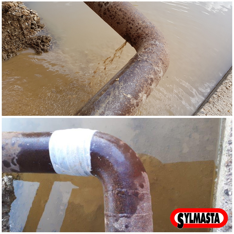 A leaking 90 degree 150mm steel pipe elbow bend at a quarry in the UK is sealed with a SylWrap HD Pipe Repair Bandage