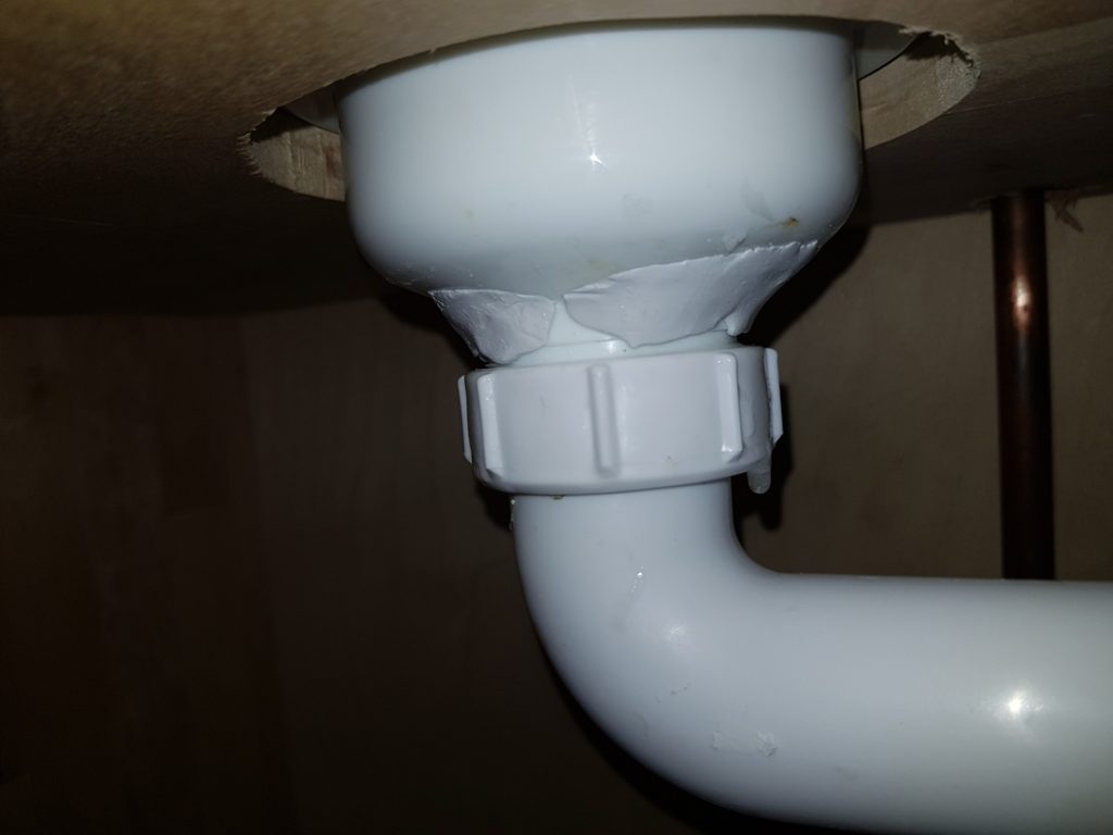 Repair of a leaking PVC plastic bathroom sink pipe made using Superfast Plastic Epoxy Putty Stick
