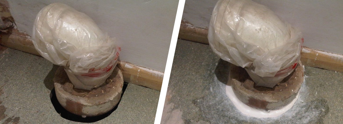 A 50mm crack left during the plumbing in of a toilet waste pipe undergoes repair using Sylmasta AB Epoxy Putty