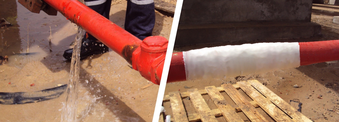 A leaking water supply pipe in Brega, Libya having undergone a live leak pipe repair using a SylWrap Universal Pipe Repair Kit