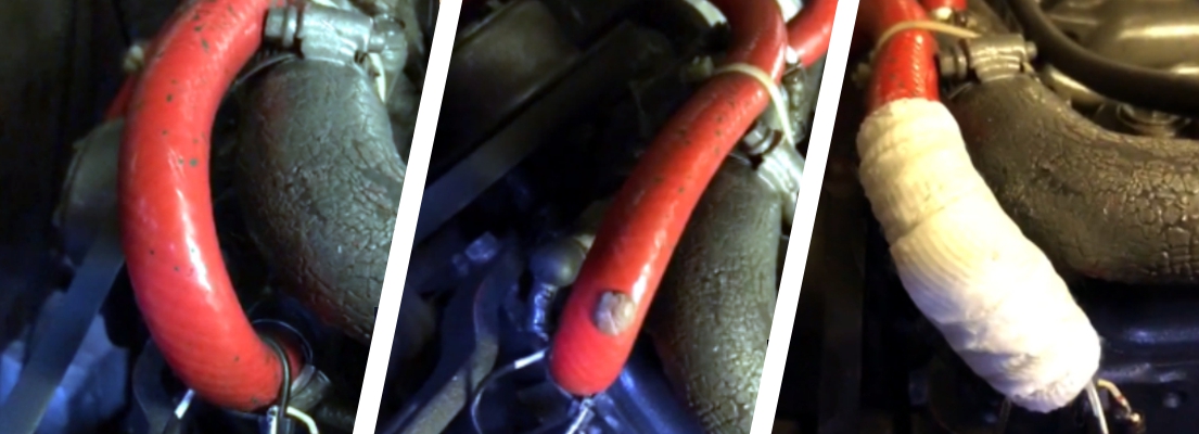 A rubber hose in a boat engine undergoes repair using a SylWrap Pipe Repair Kit after developing a pinhole leak