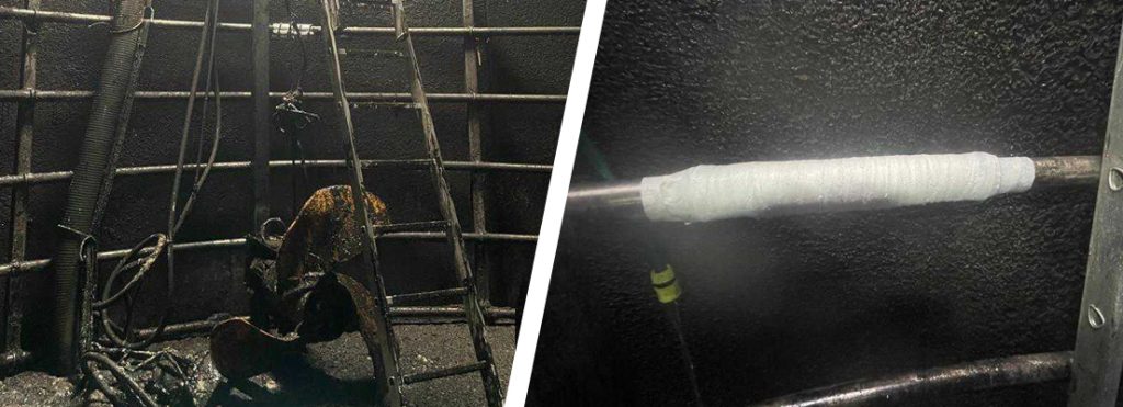 Leak repair of an industrial pipe inside a biodigester tank at a farm