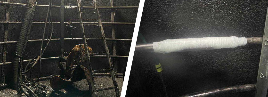 A leaking stainless steel pipe inside a pig farm biodigester tank undergoes repair using a SylWrap Universal Pipe Repair Kit
