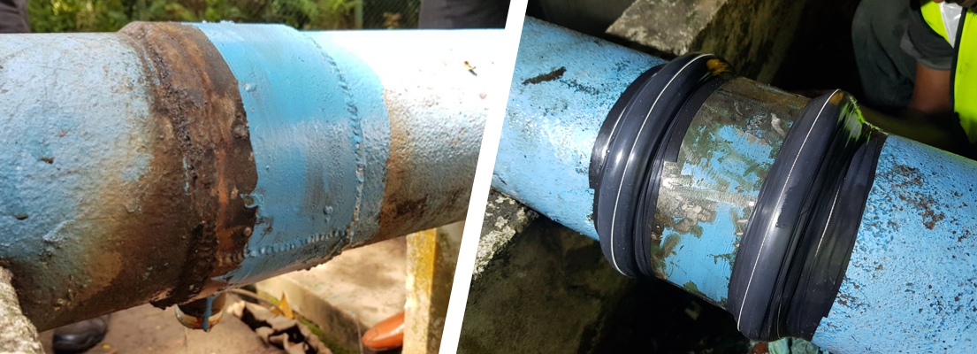 Wrap & Seal Pipe Burst Tape used to repair a welded saddle joint leaking from both ends through a 20mm step