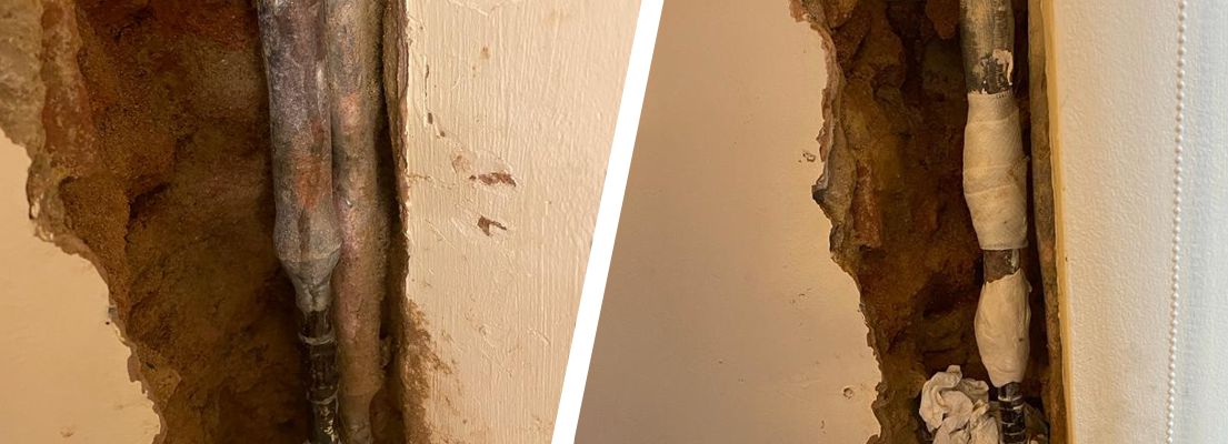 DIY repair of a lead water pipe leaking inside a wall carried out by a homeowner in the United Kingdom
