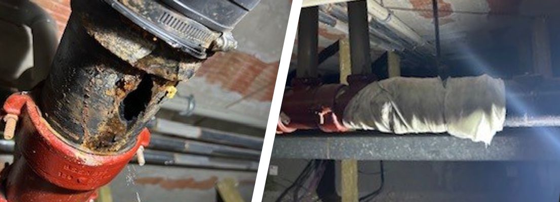 A 80mm diameter hole in a wastewater drain pipe at a hospital undergoes repair using a SylWrap Drain & Waste Pipe Repair Kit