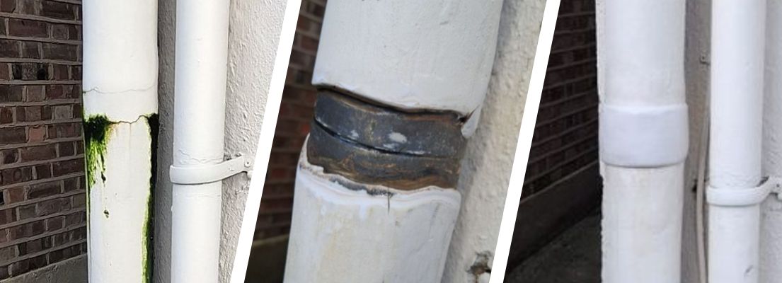 A large crack in a domestic soil vent pipe is sealed using Sylmasta AB Original Epoxy Putty and the repair then disguised 