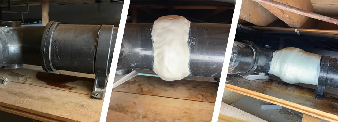 A plastic pipe in a loft leaking through a joint suffering solvent cement failure undergoes repair with Sylmasta AB Original Epoxy Putty and SylWrap HD Pipe Reair Bandage